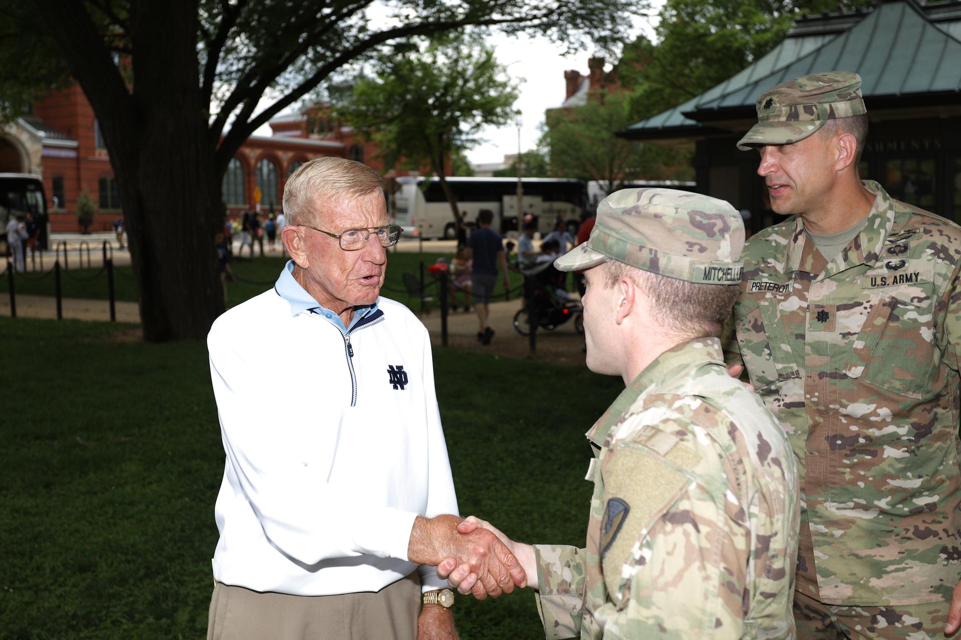 Lou greeting soldiers at the 2019 Memorial Day Parade