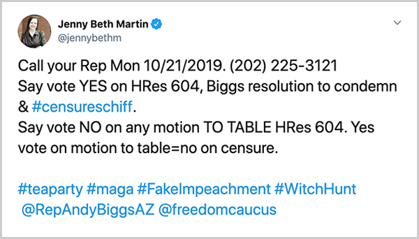 Call your Rep Mon 10/21/2019. (202) 225-3121 Say vote YES on HRes 604, Biggs resolution to condemn & #censureschiff. Say vote NO on any motion TO TABLE HRes 604. Yes vote on motion to table=no on censure.  #teaparty #maga #FakeImpeachment #WitchHunt  @RepAndyBiggsAZ  @freedomcaucus