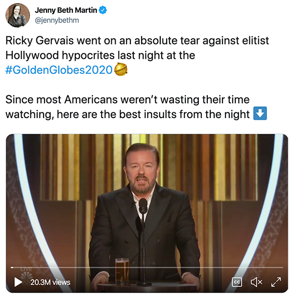 Ricky Gervais went on an absolute tear against elitist Hollywood hypocrites last night at the #GoldenGlobes2020. Since most Americans weren’t wasting their time watching, here are the best insults from the night.