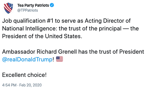 Job qualification #1 to serve as Acting Director of National Intelligence: the trust of the principal — the President of the United States. Ambassador Richard Grenell has the trust of President @realDonaldTrump!  Excellent choice!