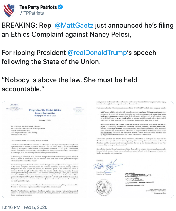 BREAKING: Rep.  @MattGaetz  just announced he’s filing an Ethics Complaint against Nancy Pelosi,