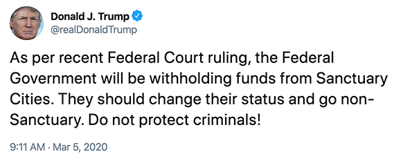 As per recent Federal Court ruling, the Federal Government will be withholding funds from Sanctuary Cities. They should change their status and go non-Sanctuary. Do not protect criminals!