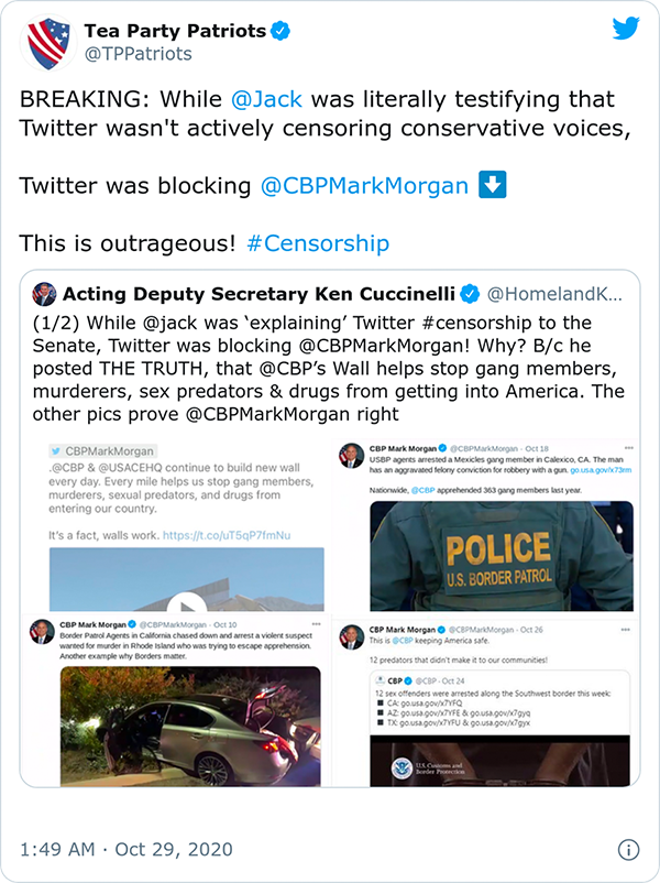 BREAKING: While @Jack was literally testifying that Twitter wasn't actively censoring conservative voices, Twitter was blocking @CBPMarkMorgan. This is outrageous! #Censorship